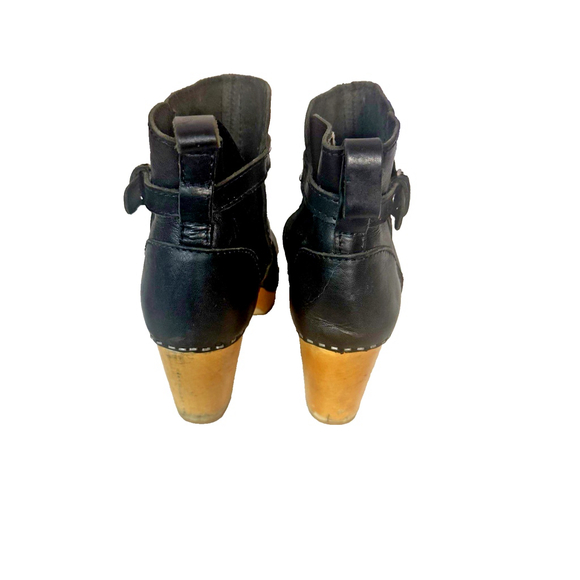 Swedish Hasbeens Jodhpur Toffel Wood Clog Black Leather Strap Boots - Picture 13 of 16